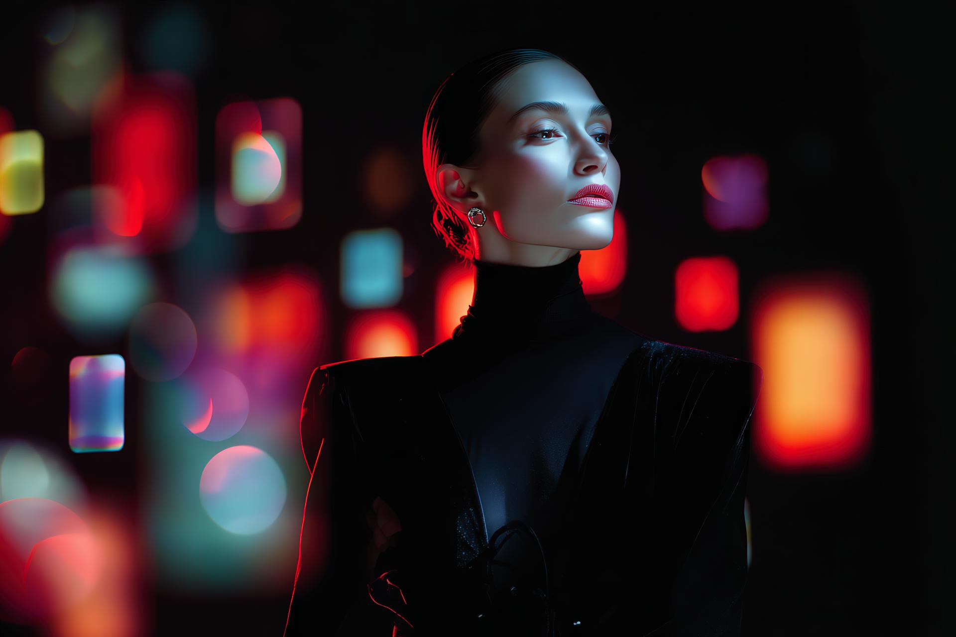 Fashion-styled strategist with floating platform interfaces