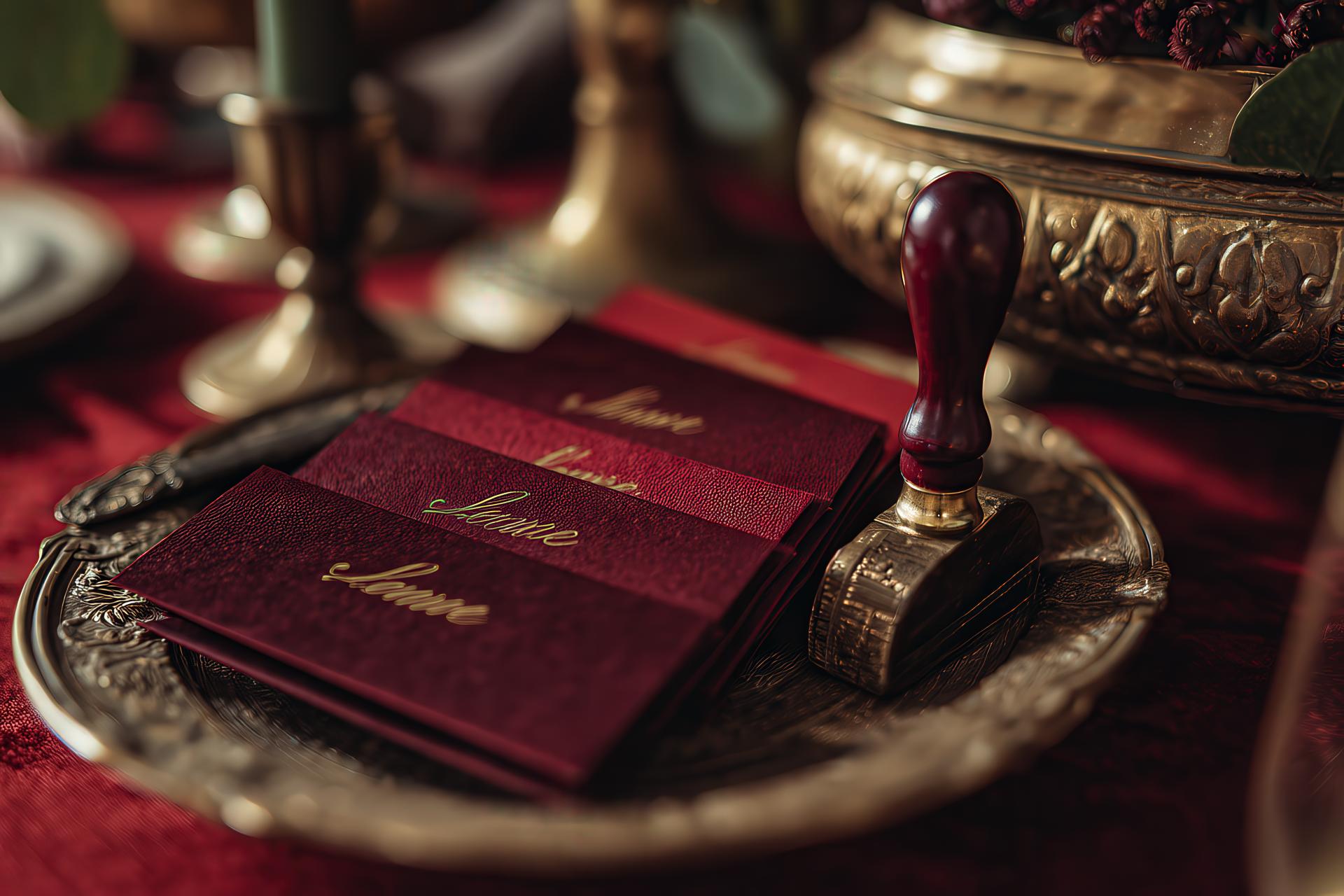 Velvet tray with embossed name cards and stamp