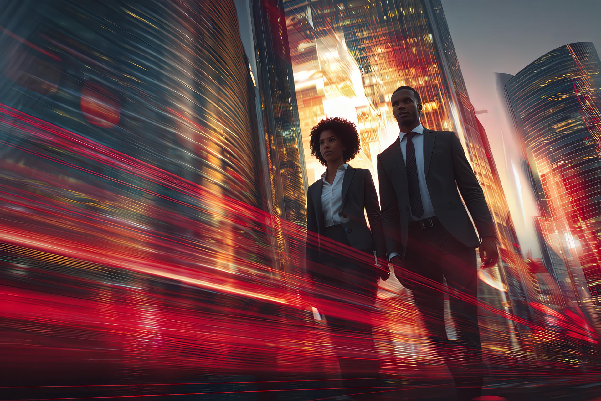 Professionals walking through modern cityscape with brand reflections