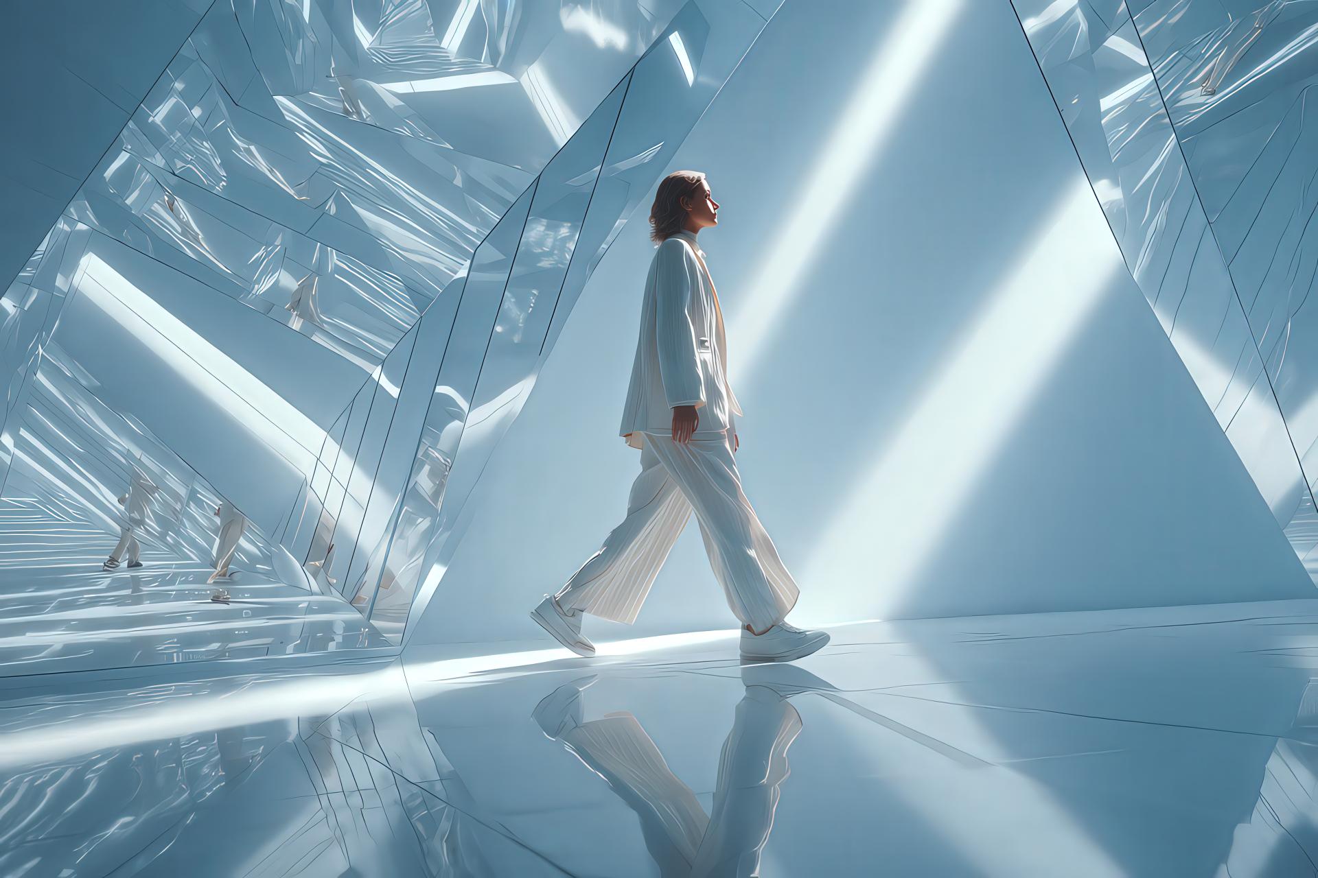 Person walking through mirrored corridor reflecting brand facets