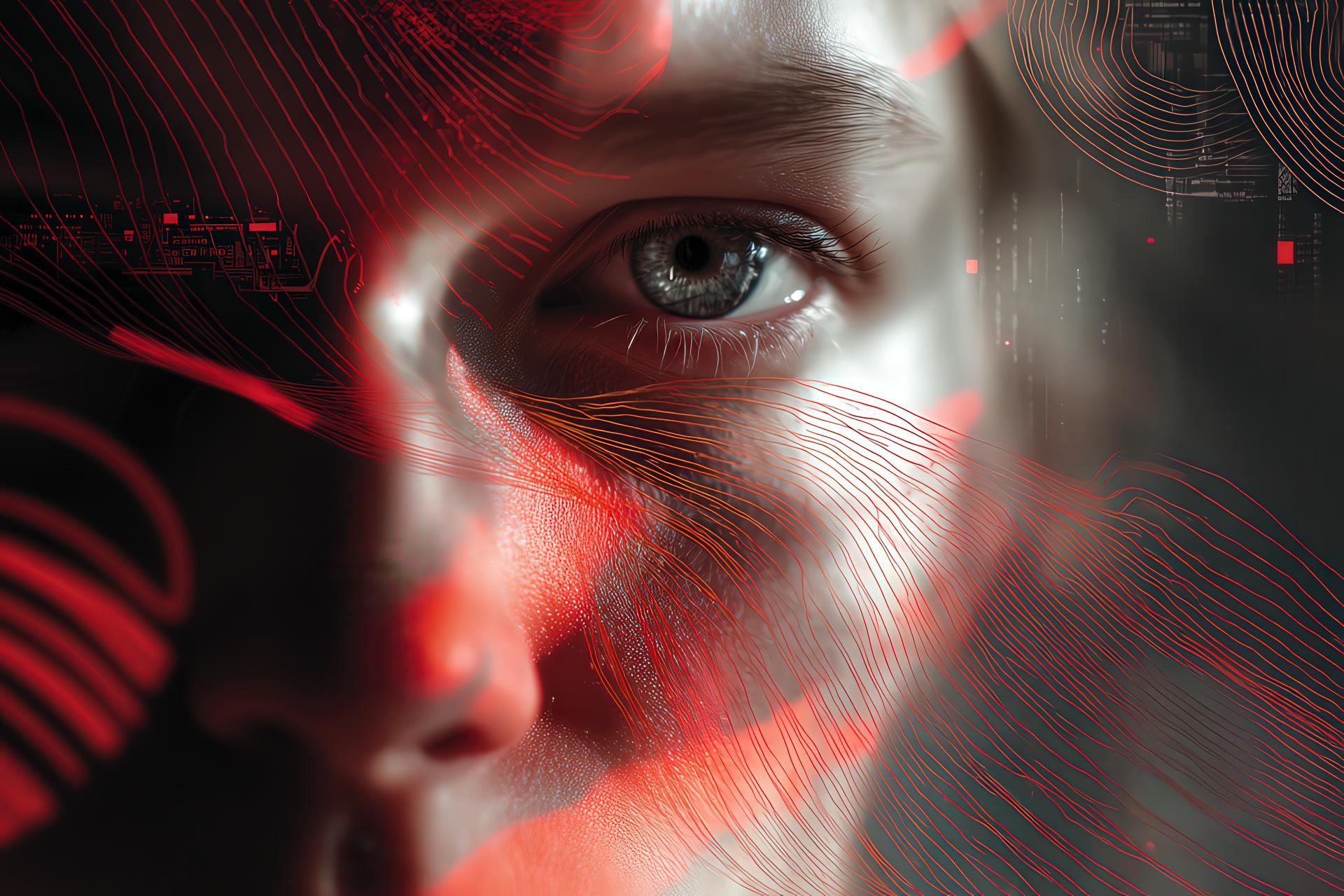 Female face overlaid with digital signals and red accents