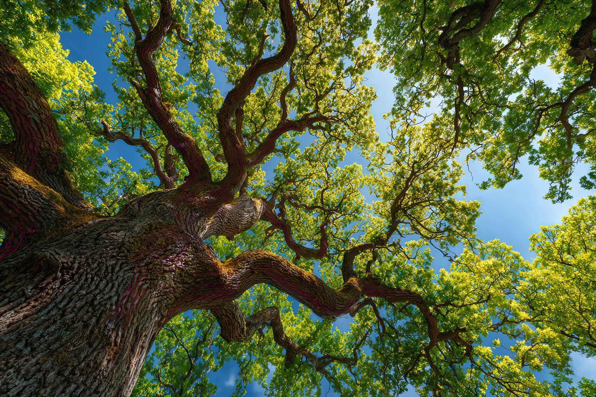 Majestic oak tree glowing with red currents under a bright blue sky