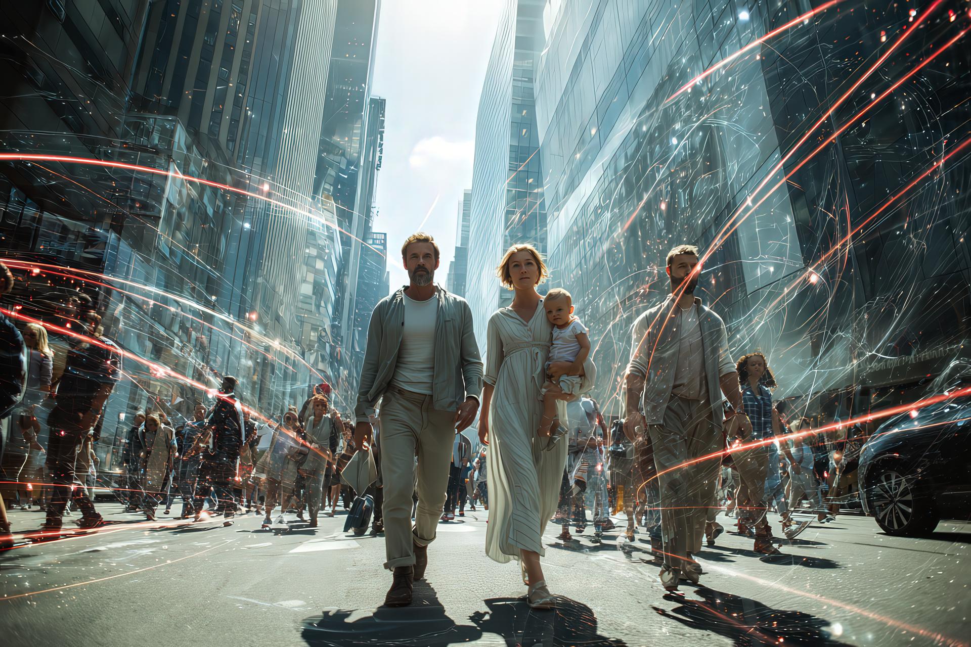 Hyperrealistic Caucasian figures leading a crowd in a modern city with skyscrapers and digital overlays
