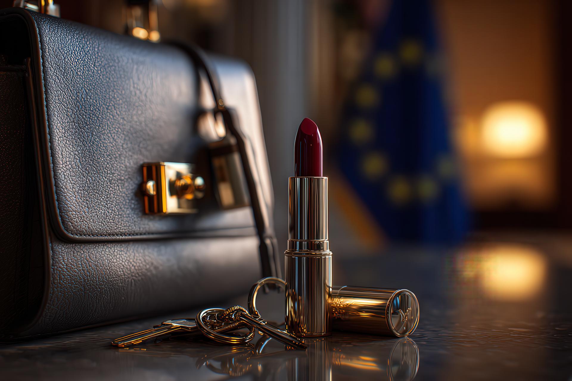 Luxury handbag with golden lipstick, keys with padlock, and EU flag in elegant office setting