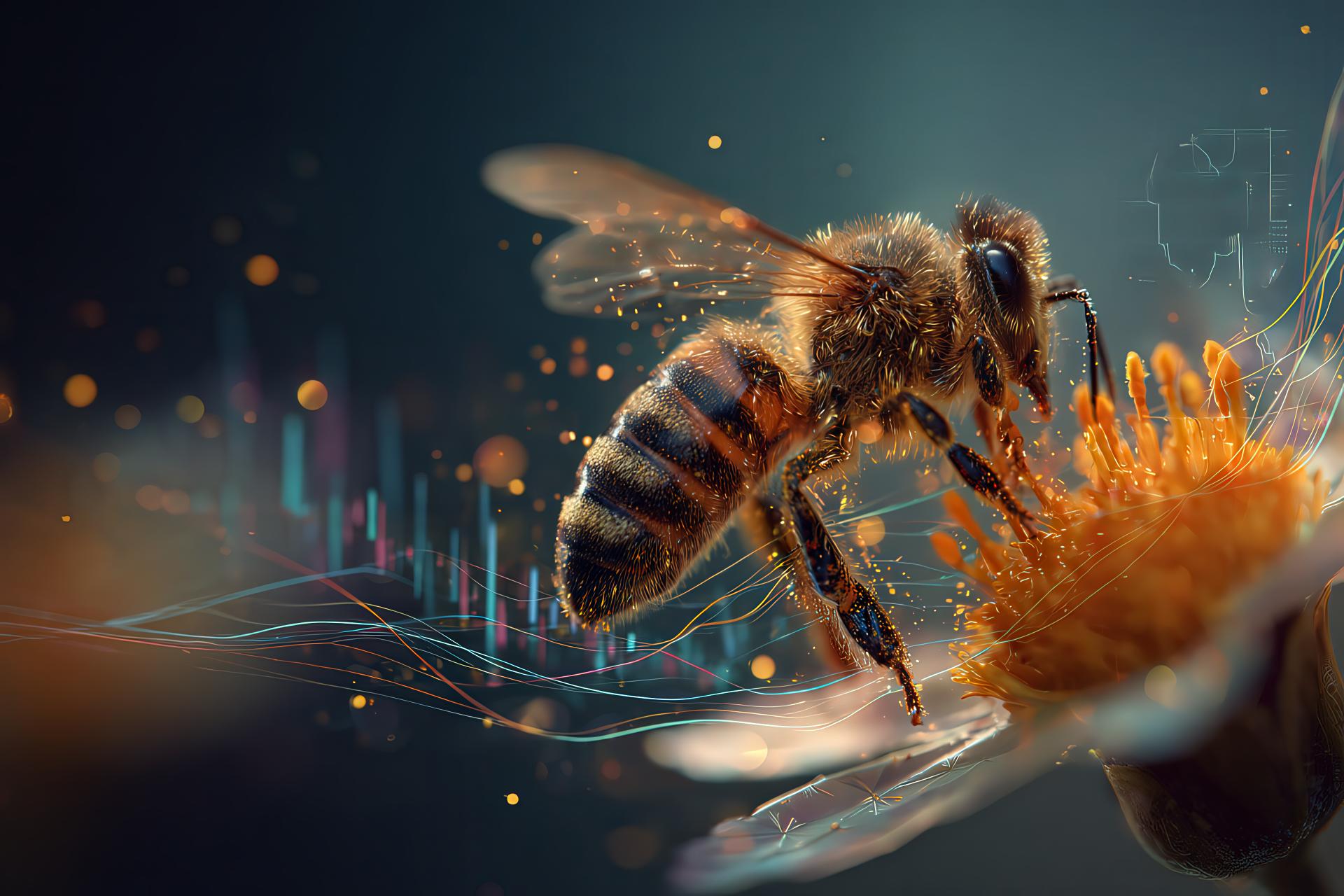 Close-up of a bee on a flower positioned to the right, with digital overlays and economic charts dissolving on the left