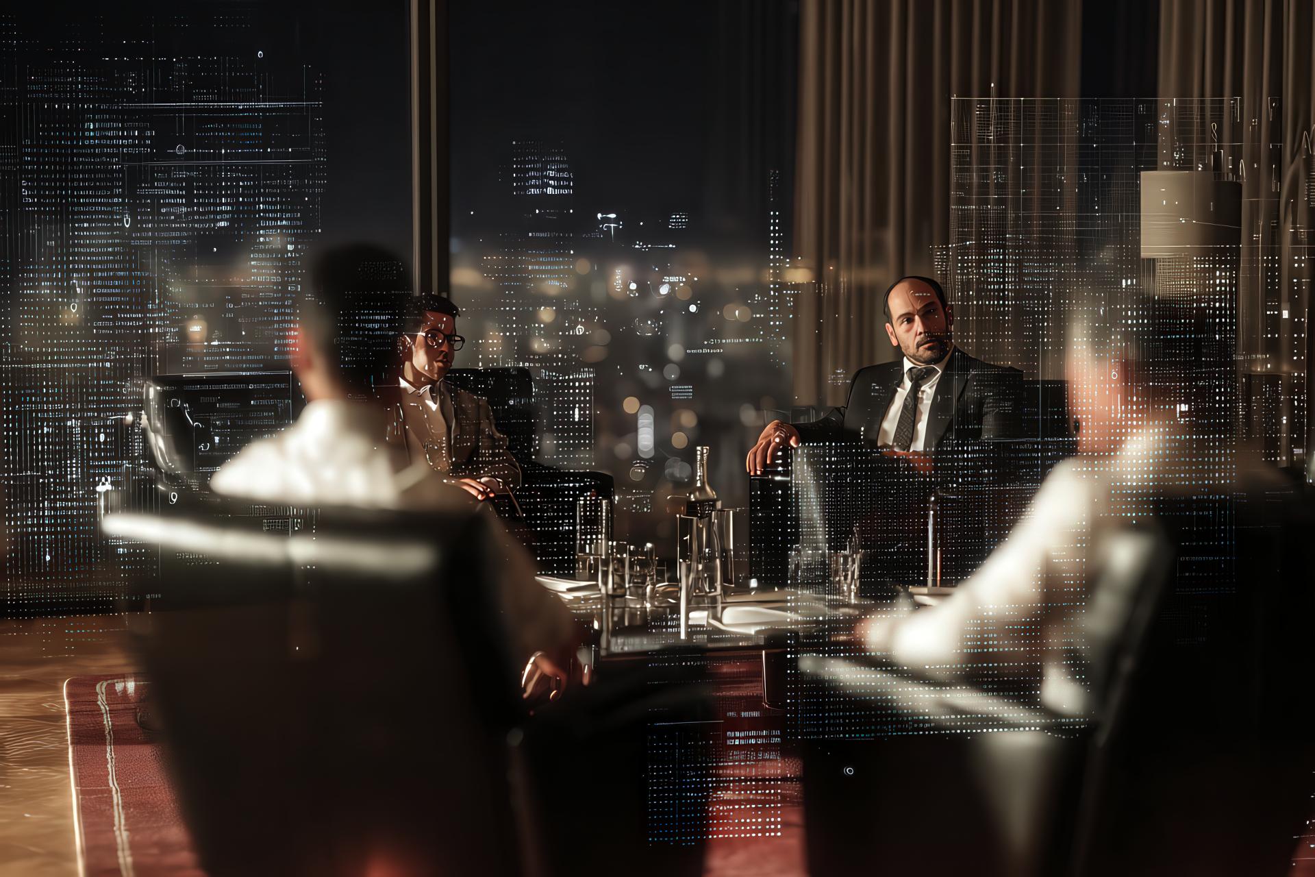 Executive strategy session with brand identity visuals and digital projections