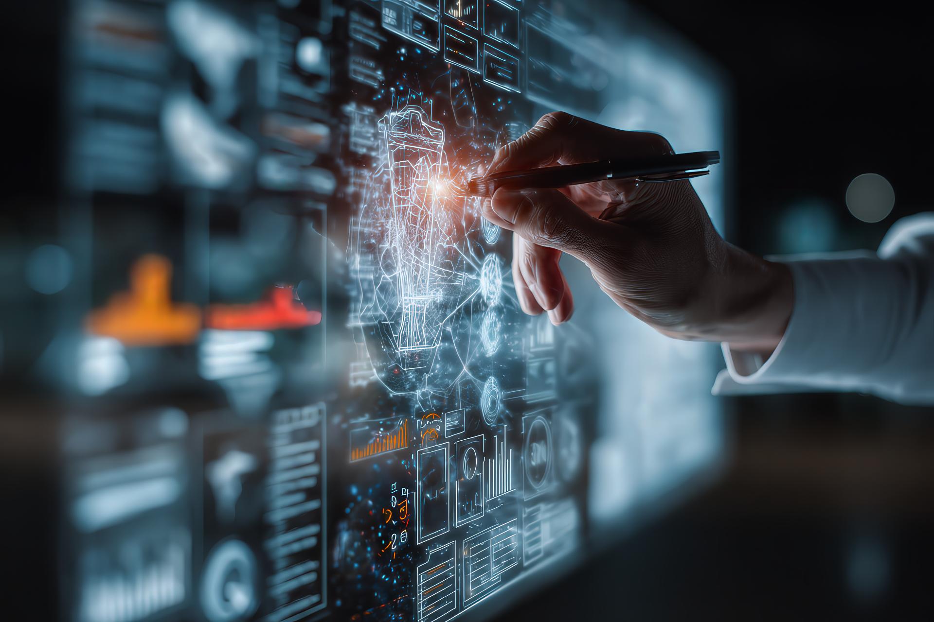Consultant highlighting a holographic funnel diagram on a translucent luminous board with a red laser pointer