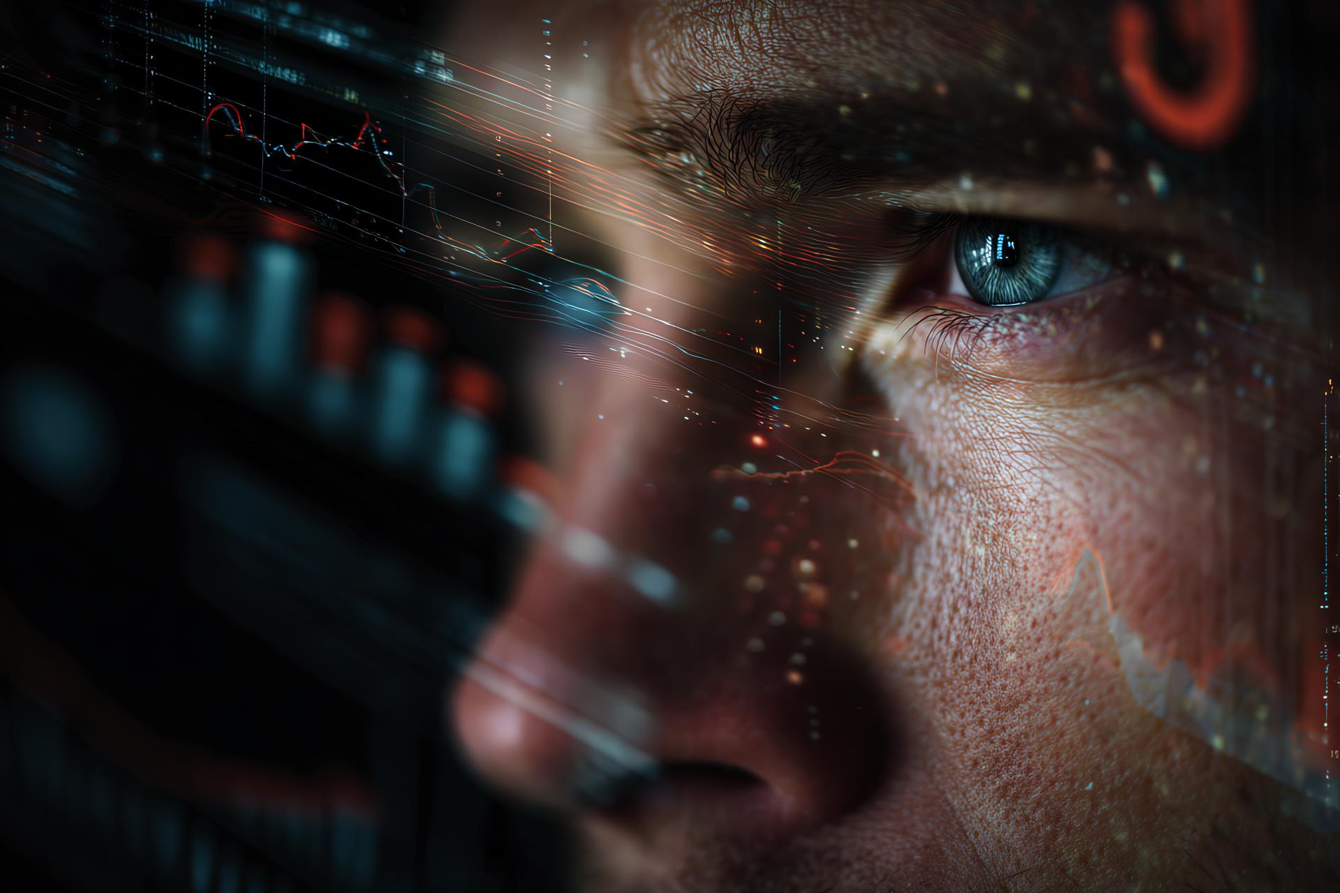Close-up of a business leader with data dashboards reflected in their eyes