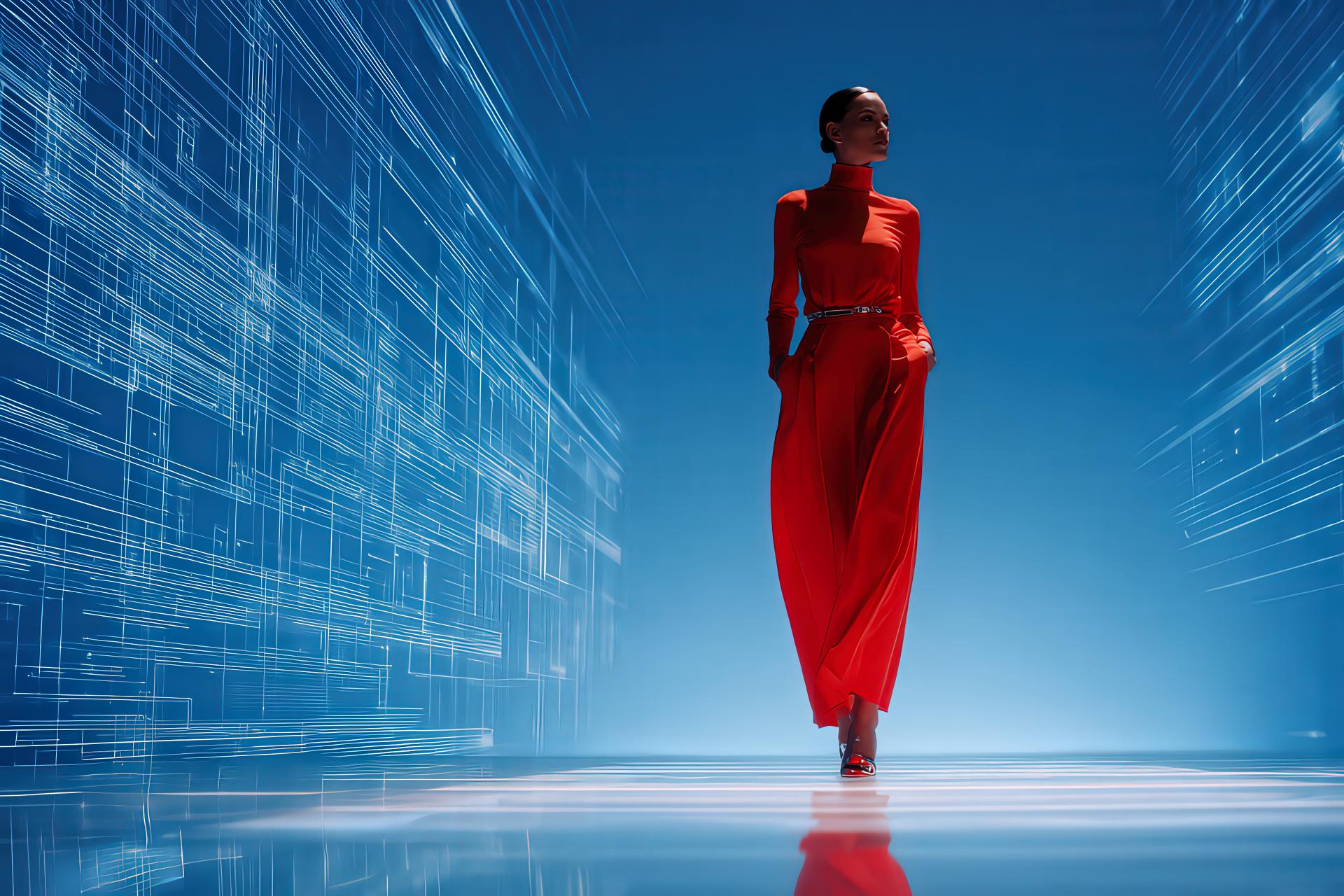 Model walking through projected digital blueprints with fashion-tech aesthetic