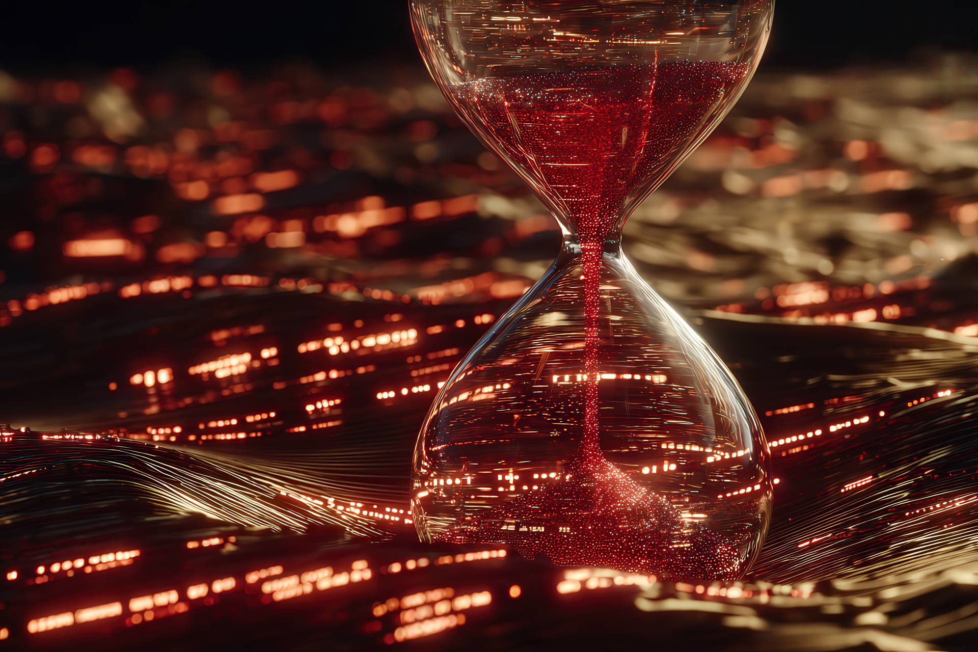 Surreal hourglass dissolving into streams of glowing red (#dc2927) digital headlines