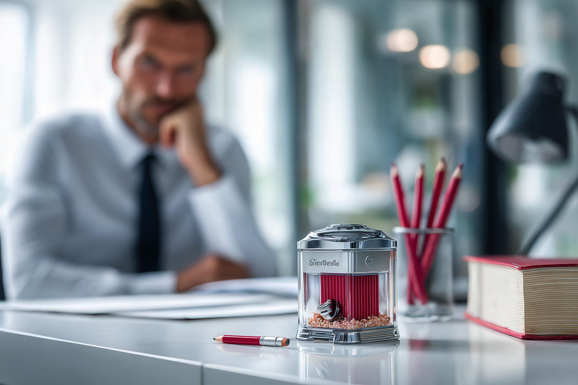 Staedtler pencil sharpener with red pencil on white desk, dictionary and thoughtful man in background
