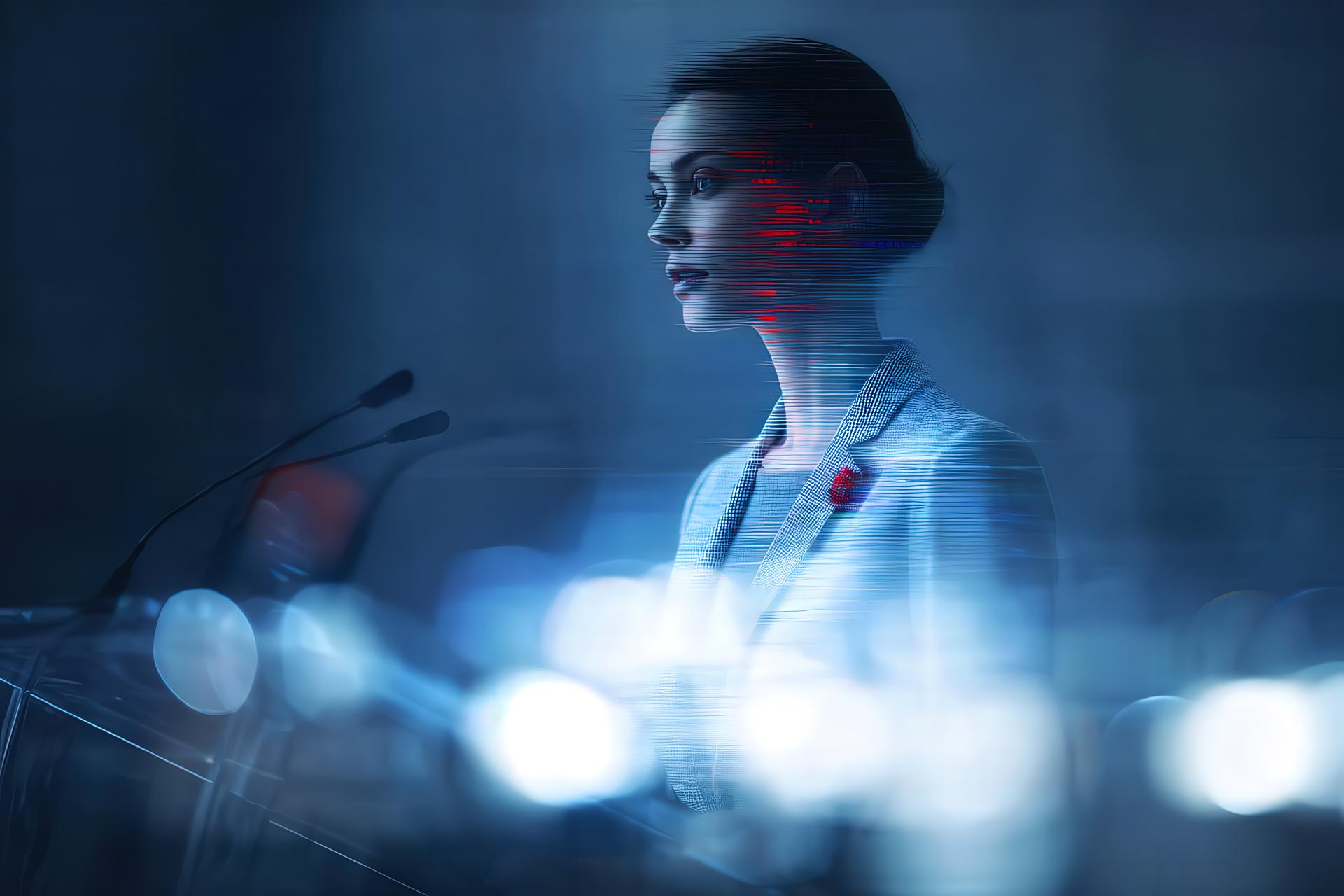 Spokesperson with digital glitch effect speaking transparently during crisis