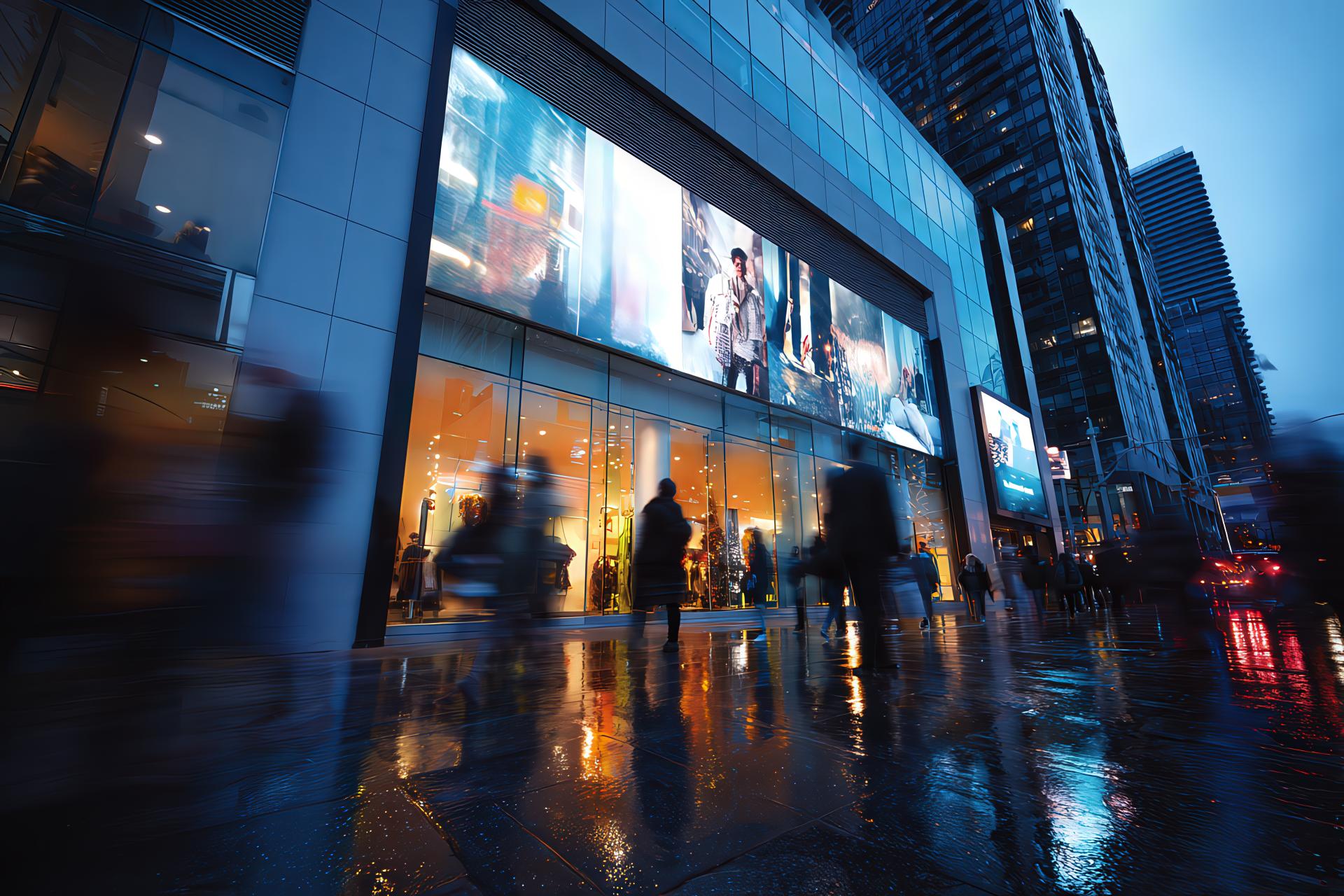 Billboard glowing with brand visuals as people observe in city at dusk