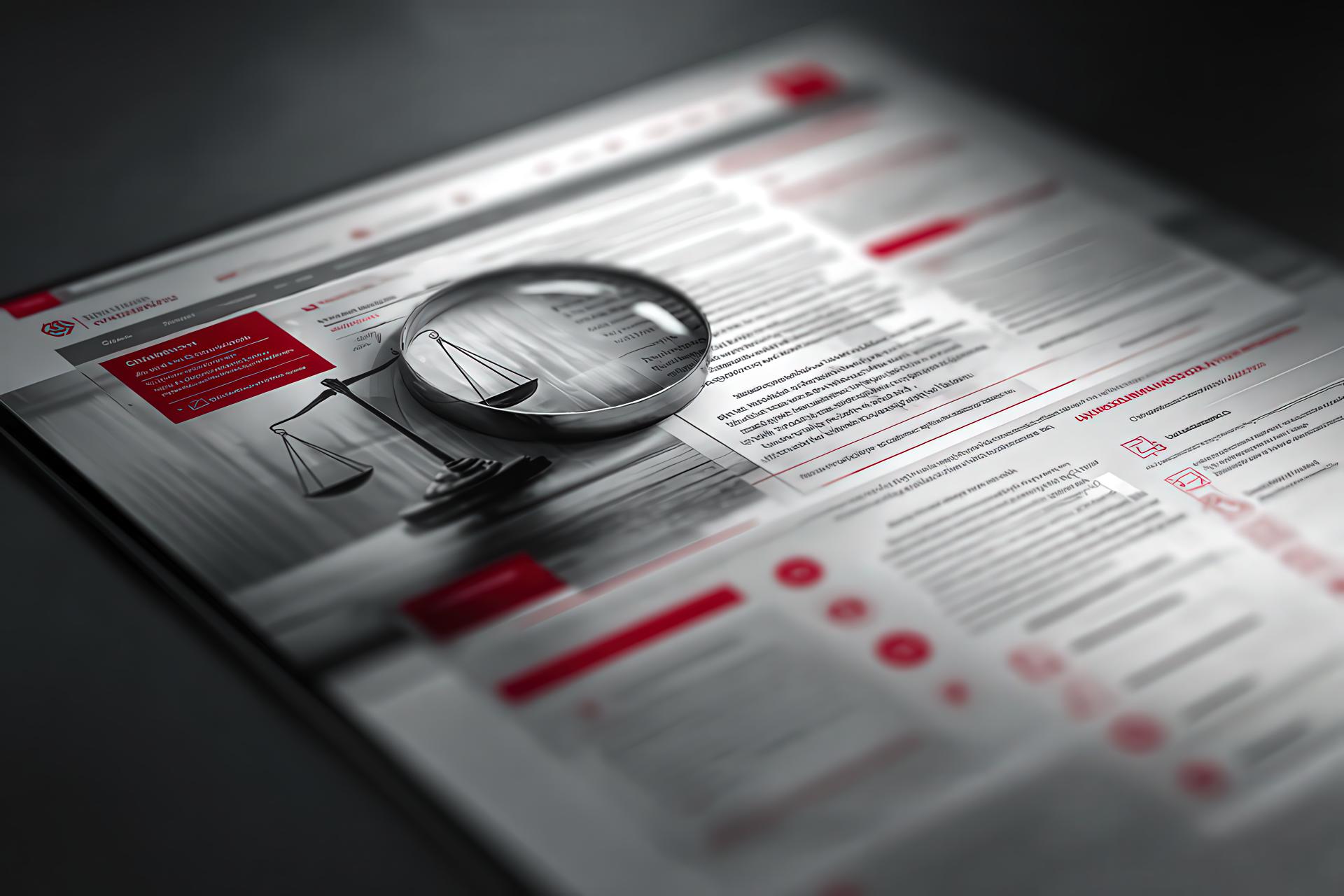 Editorial image showing website overlaid with legal symbols and compliance icons