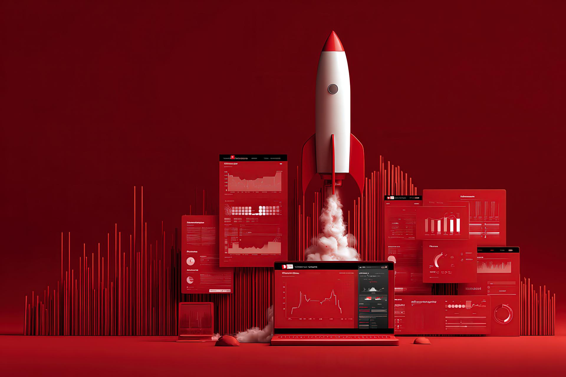 Conceptual image showing a website preparing to launch with analytical and performance elements