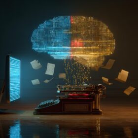 Typewriter merging with digital brain and monitor, symbolizing tradition and innovation