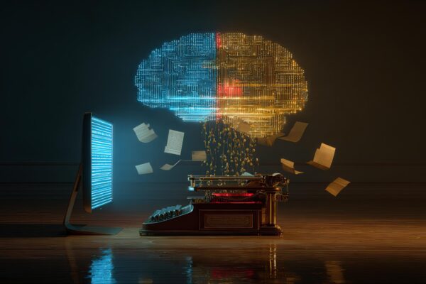 Typewriter merging with digital brain and monitor, symbolizing tradition and innovation