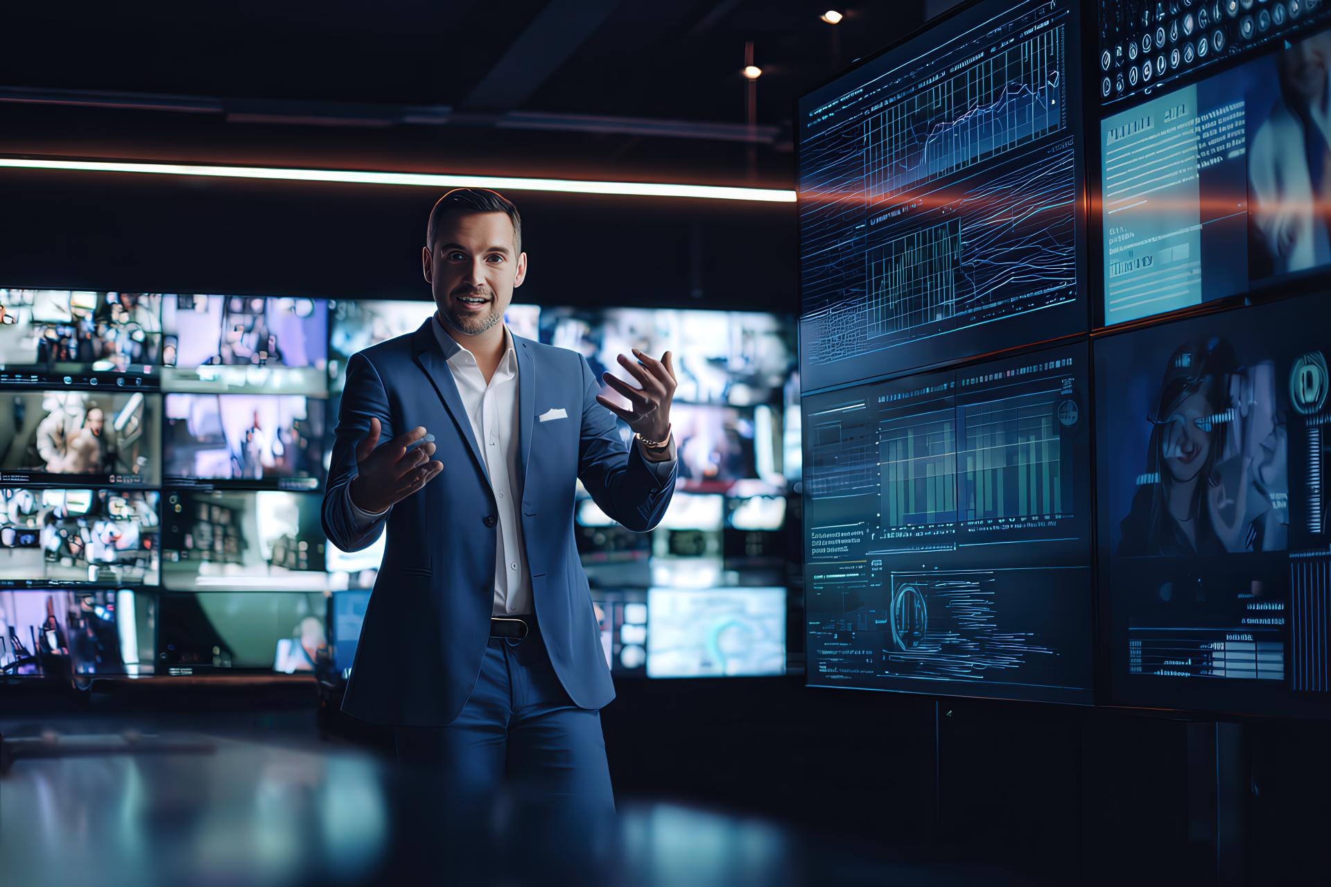 Social media manager balancing campaign metrics and creative visuals in a cinematic digital dashboard