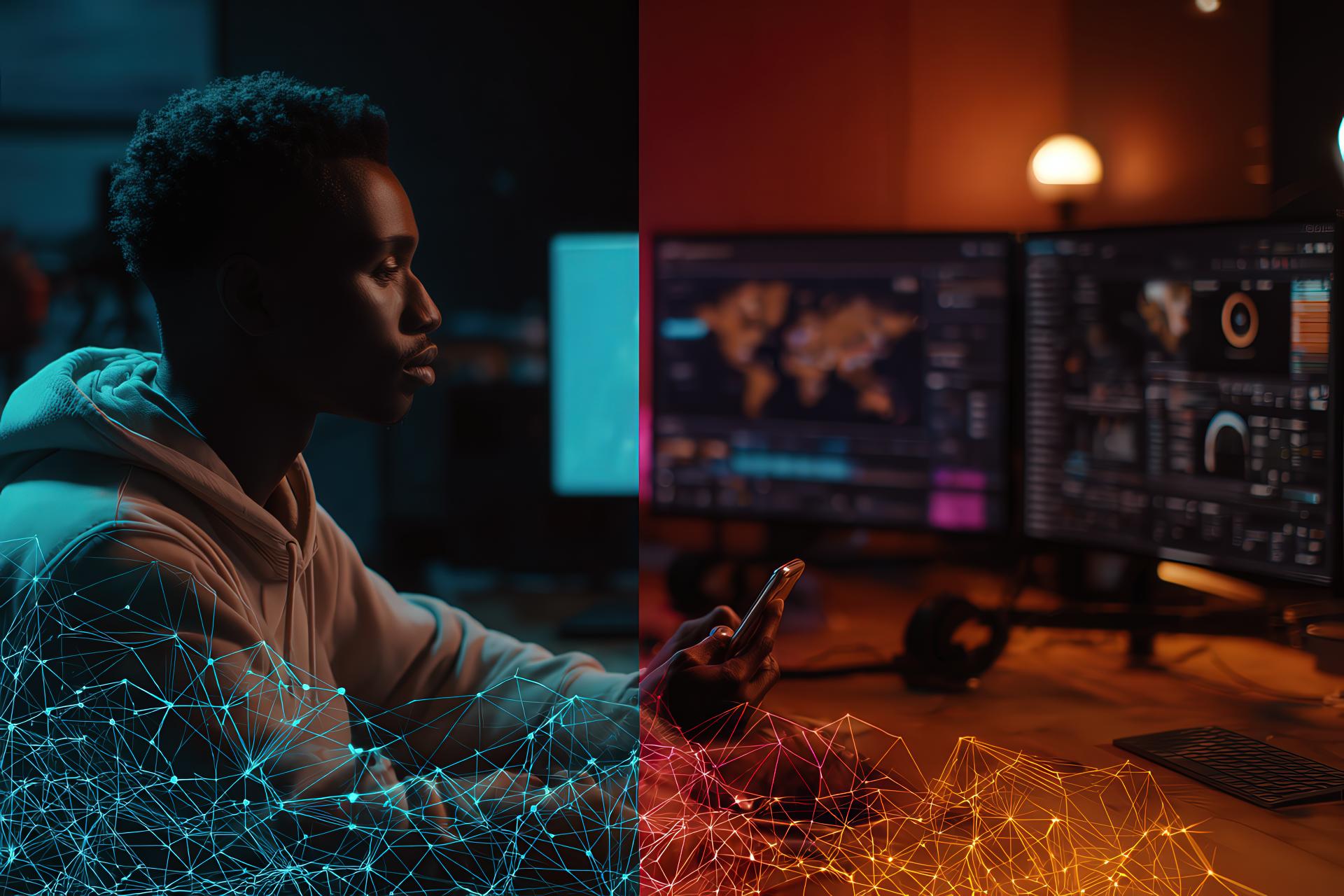 Split scene showing a creator filming and a manager orchestrating dashboards and brand guidelines