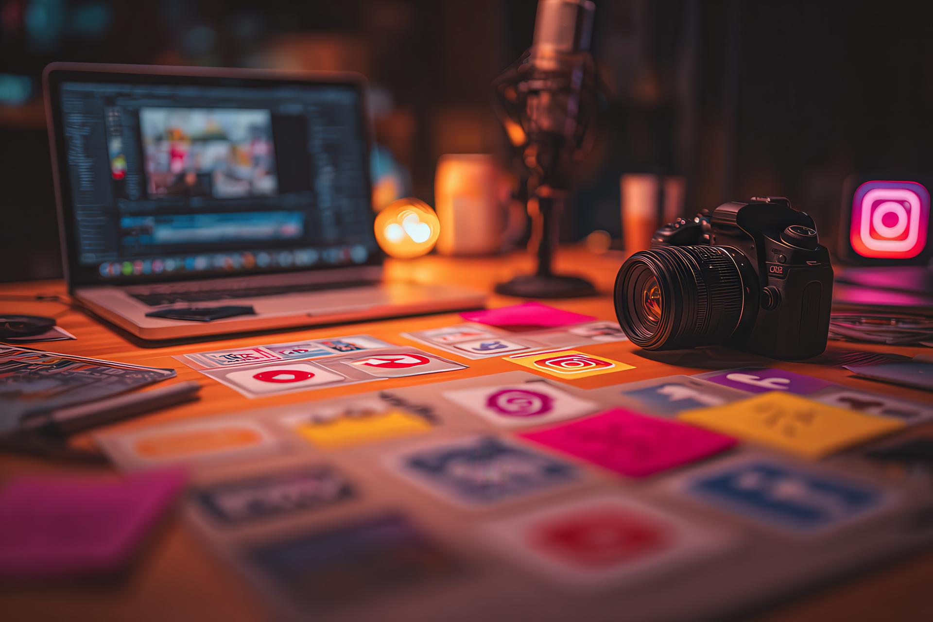 Creative desk with tools, brand colors, and holographic social icons representing content creation