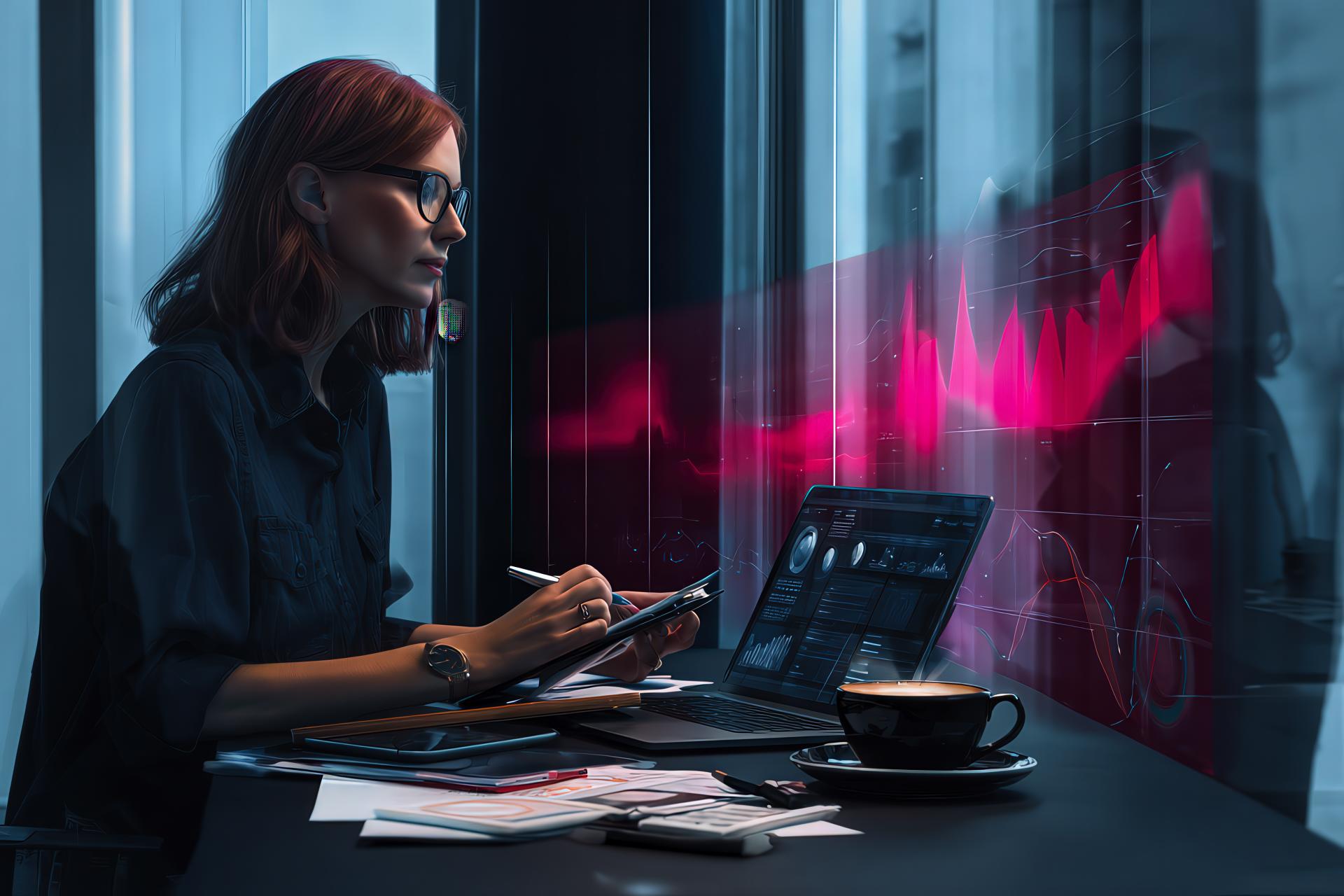 Professional at desk with analytics dashboards, coffee, and AI-driven graphs, working with focus and precision