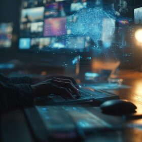 Professional working at digital desk with social media platforms and AI brain overlay