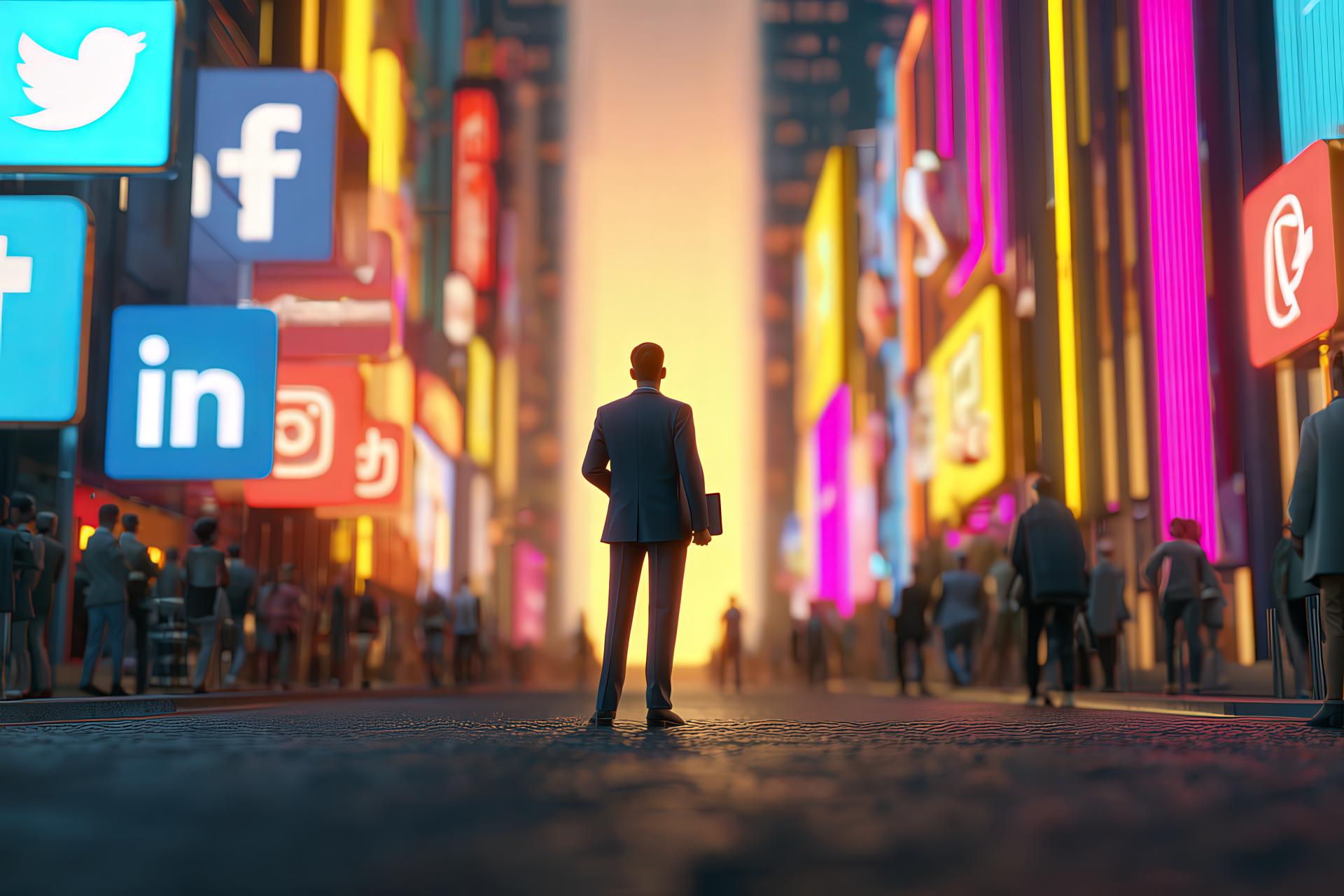 Professional at a crossroads of glowing social media billboards