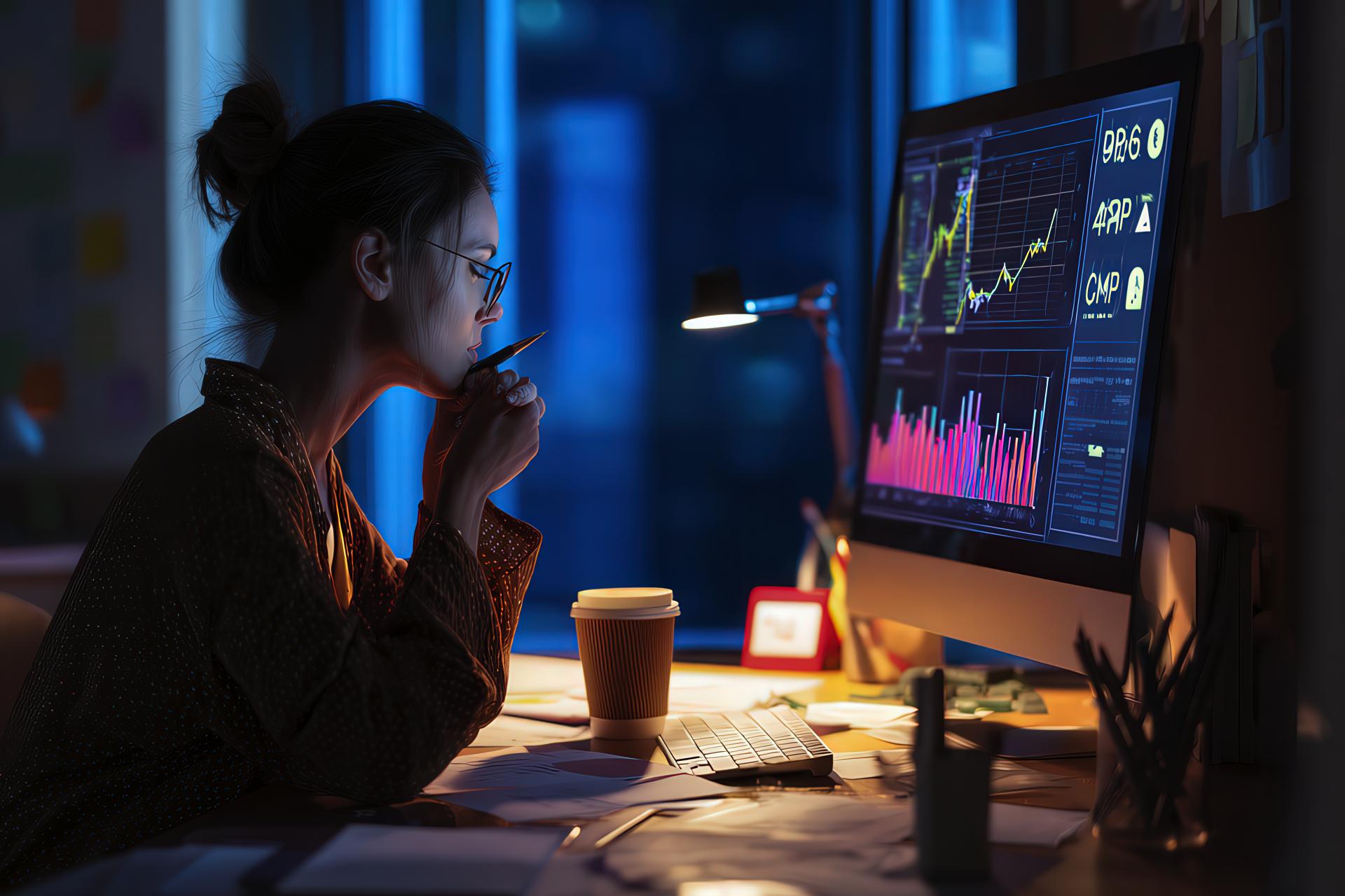 A social media manager at a desk with coffee, notes, and analytics on screen, focused on testing and research