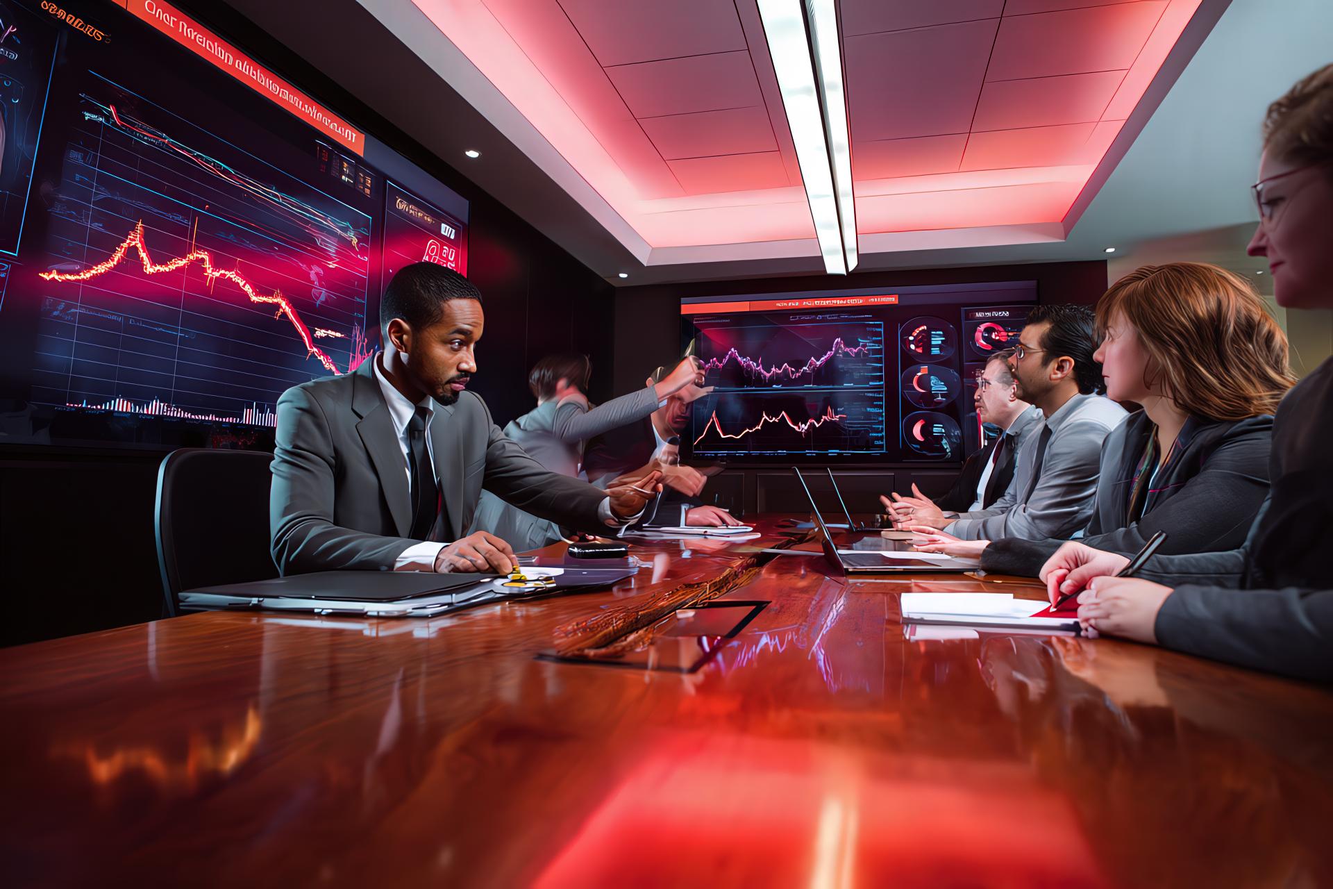 Social media manager presenting campaign data to executives during a dynamic business meeting with red accents on dashboards