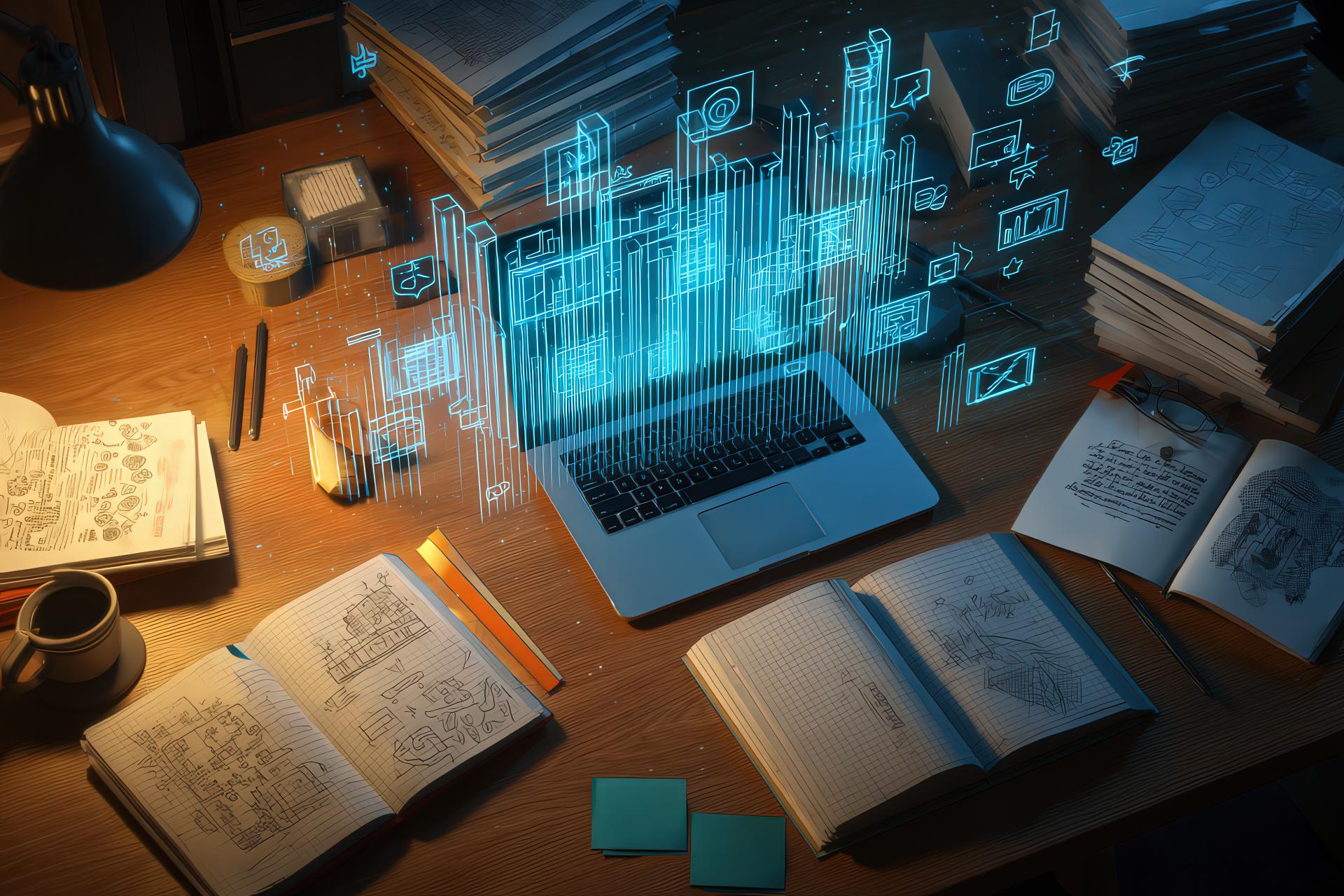 Desk with notes, analytics, and holographic social media icons representing strategy