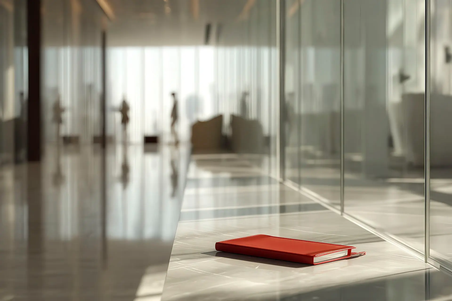 Minimalist office corridor with sunlight and a red notebook in #da291c on a table