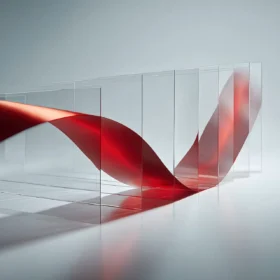 Red ribbon flowing across transparent glass panels symbolising continuity and integrity