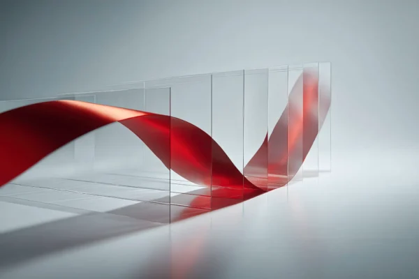 Red ribbon flowing across transparent glass panels symbolising continuity and integrity