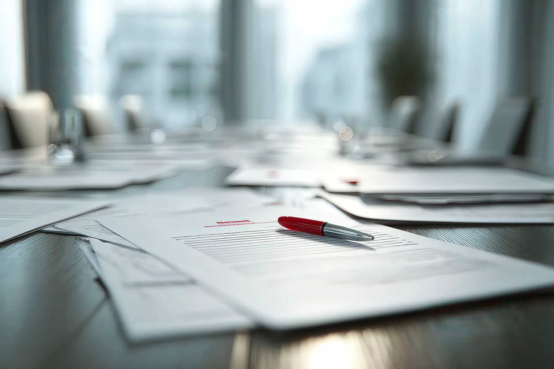 Conference table with printed reports and a red pen mark in #da291c