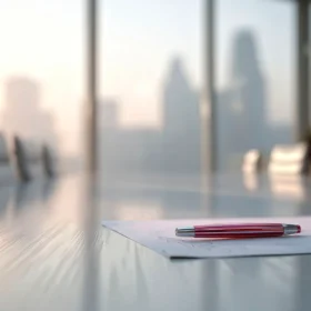 Photoreal editorial cover with a single red pen in #da291c on a white page in soft natural light