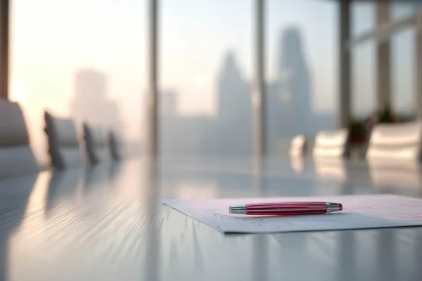 Photoreal editorial cover with a single red pen in #da291c on a white page in soft natural light