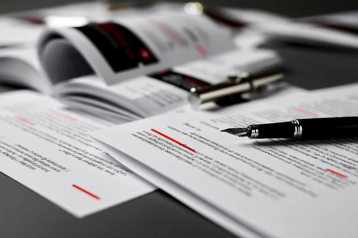 Immagine editoriale in bianco e nero su feedback e responsabilità, con documenti, annotazioni, penna e dettaglio rosso Innovando.