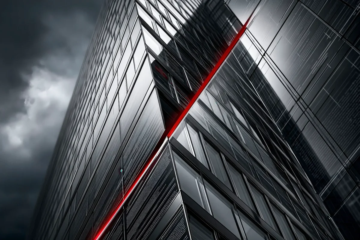 Architettura astratta in bianco e nero con documenti legali trasparenti, griglie di governance e dettaglio rosso Innovando.
