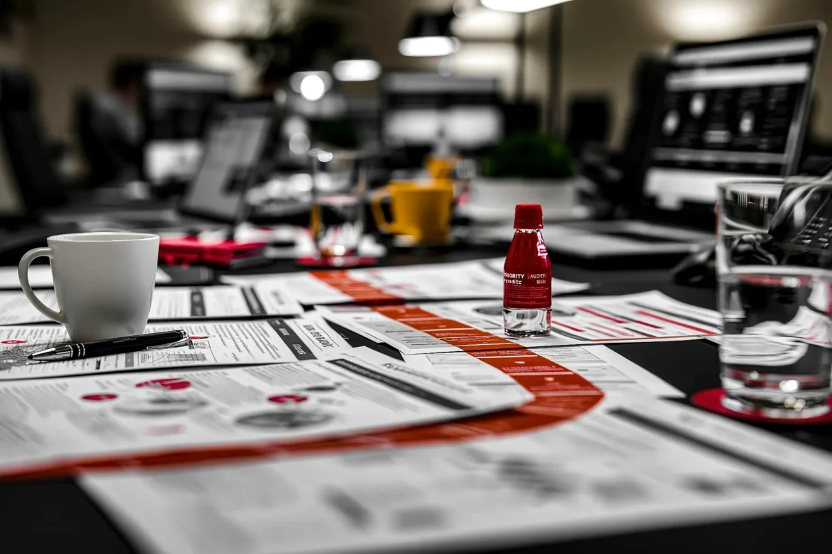 Tavolo di analisi strategica in bianco e nero con dettaglio rosso, simbolo della diagnosi e del contesto nell’assessment Innovando.