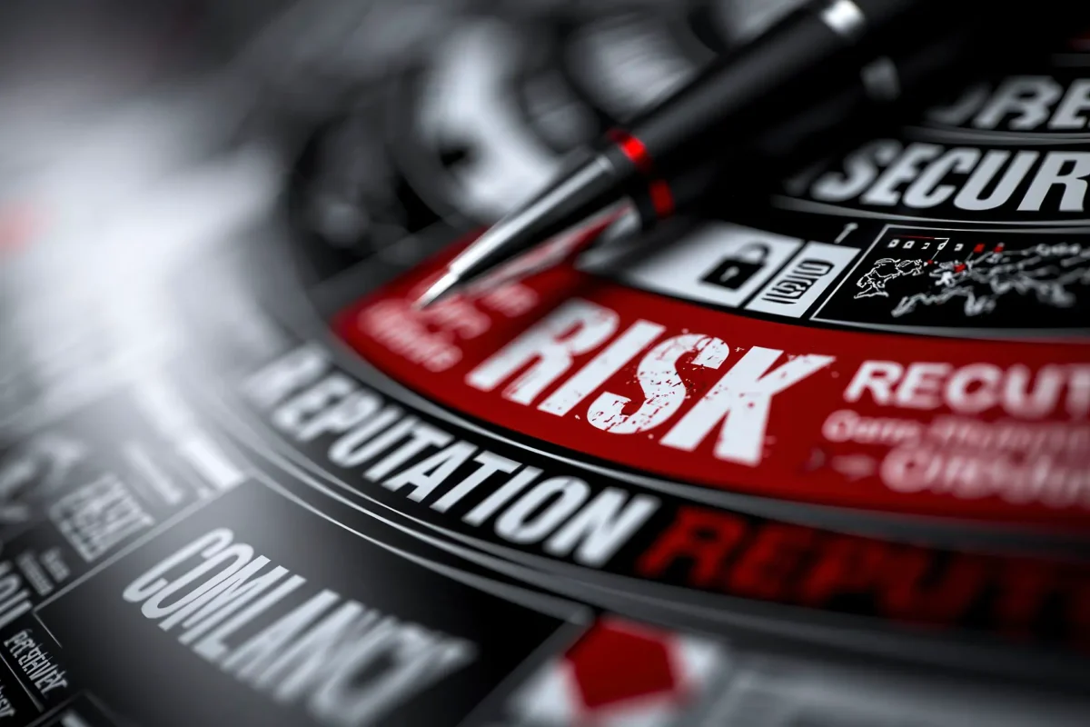 Mappe digitali, documenti e segnali di rischio in bianco e nero con dettaglio rosso, simbolo dei rischi analizzati nell’assessment.