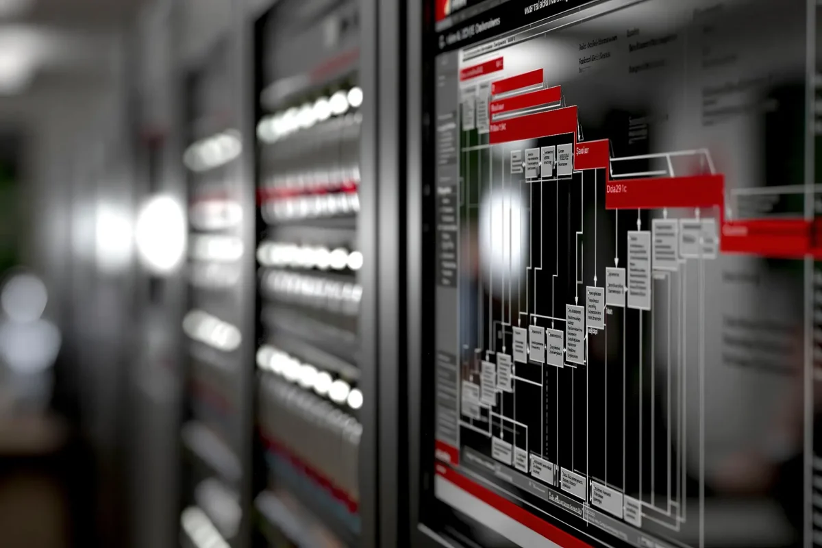 Ambiente digitale in bianco e nero con dettaglio rosso, simbolo della governance tra tecnologia, contenuti e infrastruttura.
