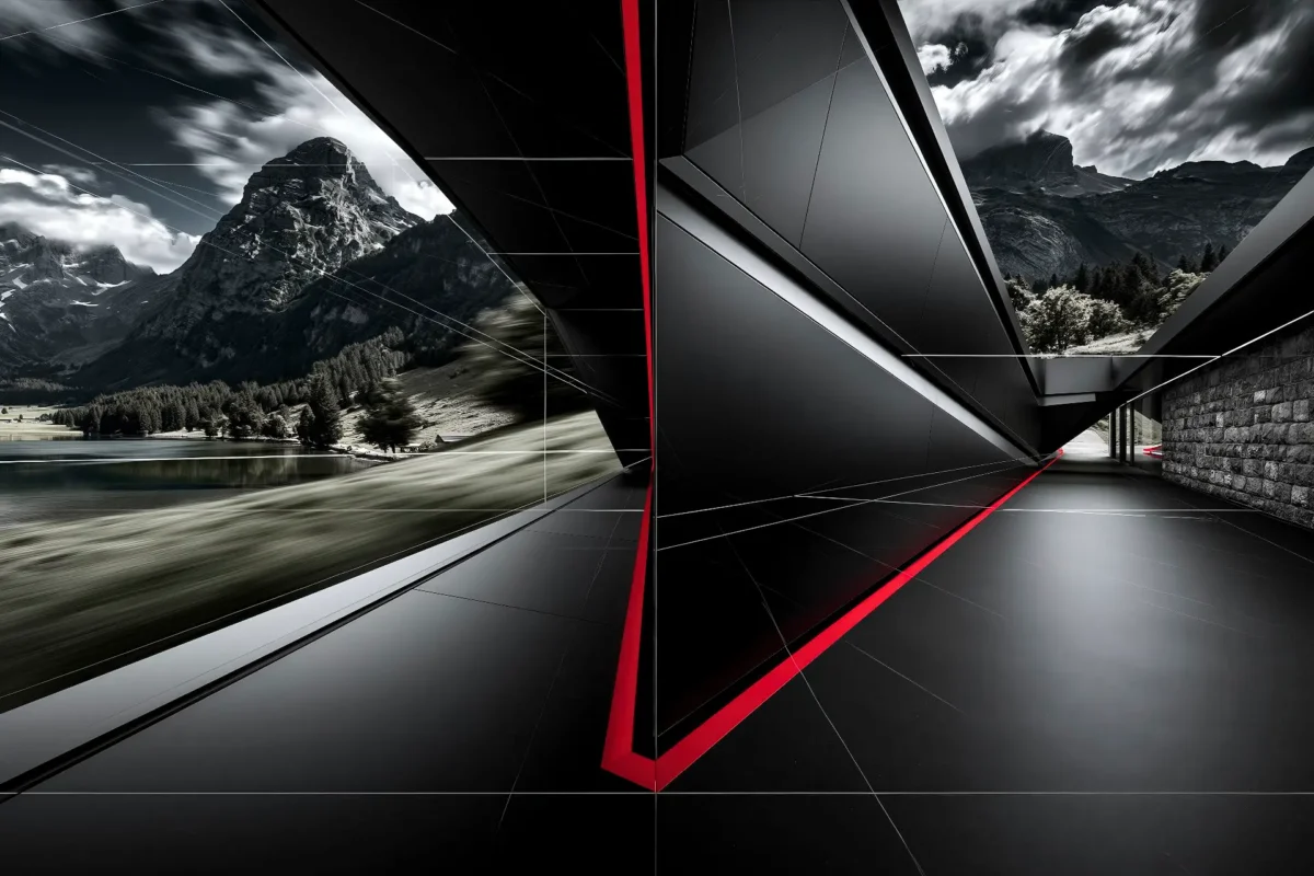 Paesaggio e architettura di ispirazione appenzellese in bianco e nero con dettaglio rosso, simbolo dell’identità Innovando.