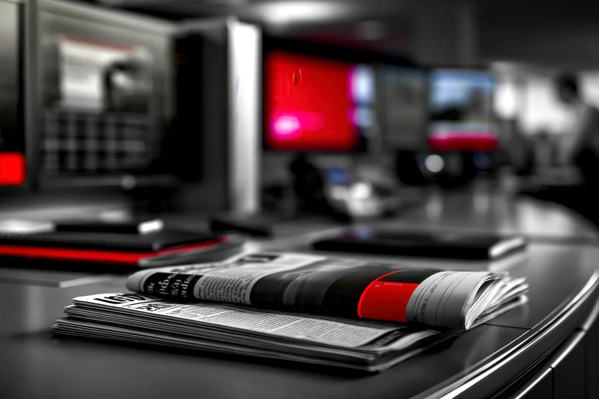 Ambiente editoriale in bianco e nero con dettaglio rosso, simbolo della cultura informativa e reputazionale di Innovando.