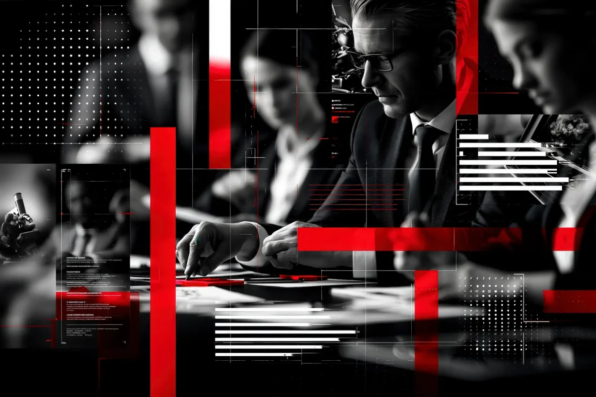 Alt text Professionisti riuniti in bianco e nero con dettaglio rosso, simbolo delle persone e delle relazioni alla base del metodo Innovando.