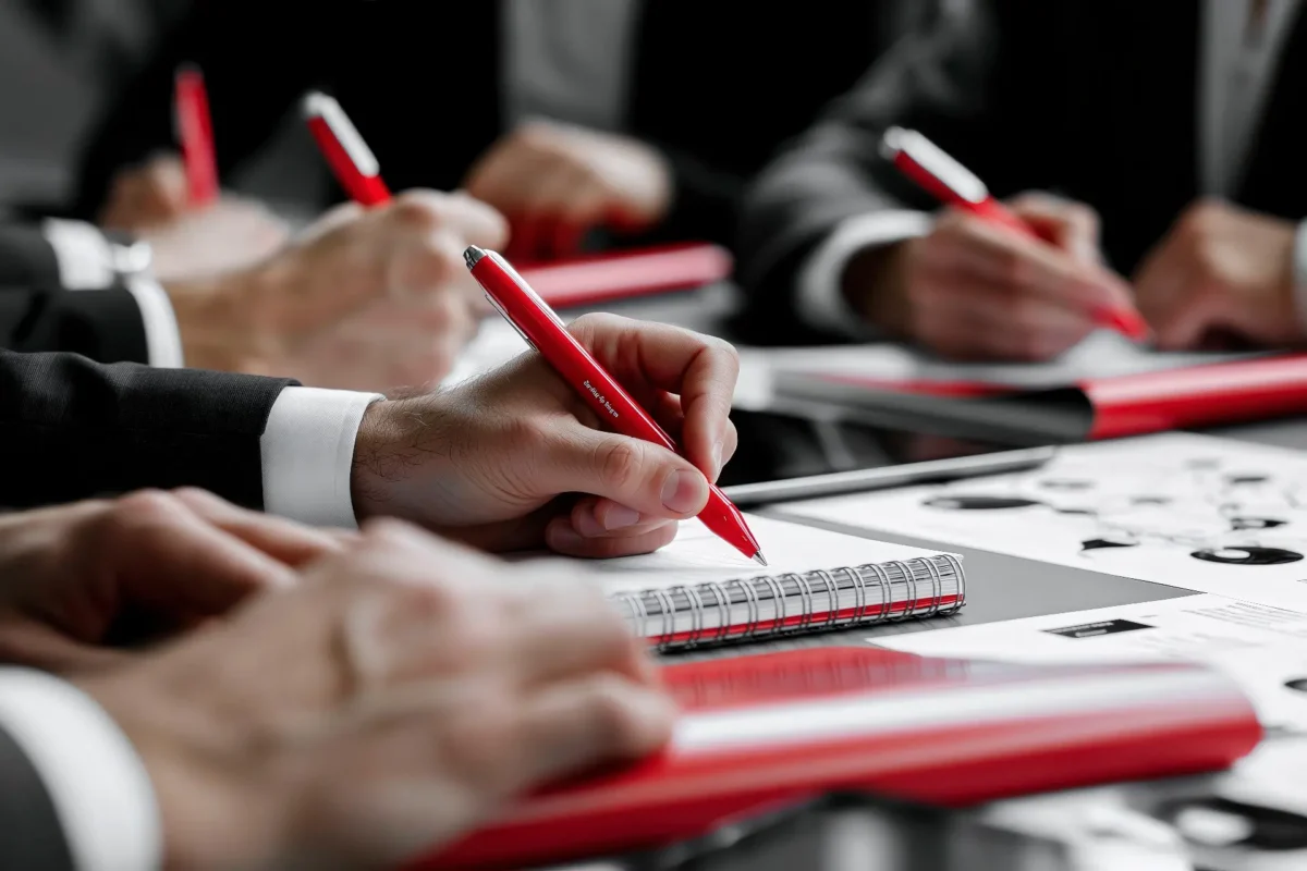 Mani e strumenti di lavoro in bianco e nero con dettaglio rosso, simbolo delle competenze condivise di Innovando.