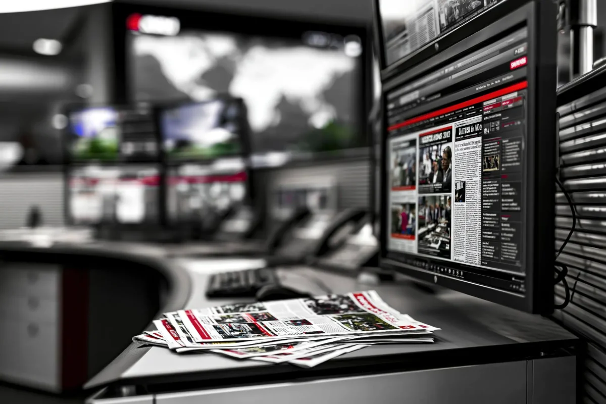 Redazione digitale internazionale in bianco e nero con dettaglio rosso, simbolo di Innovando News come progetto editoriale globale.