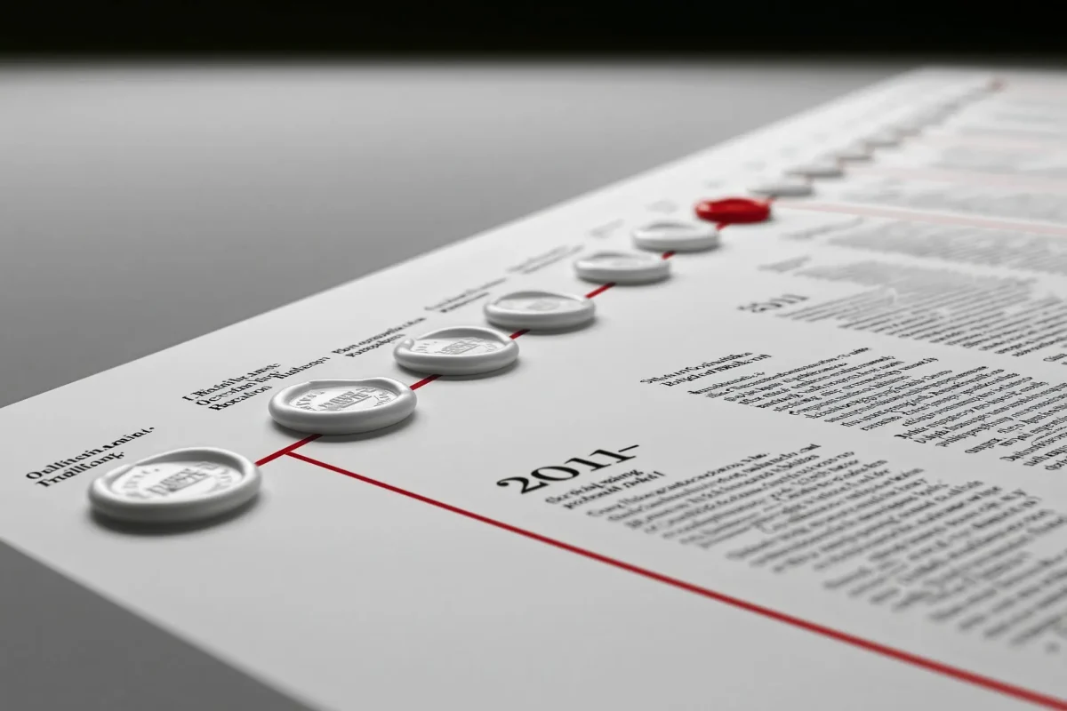 Linea temporale di documenti e riferimenti in bianco e nero con dettaglio rosso, simbolo della reputazione costruita nel tempo.