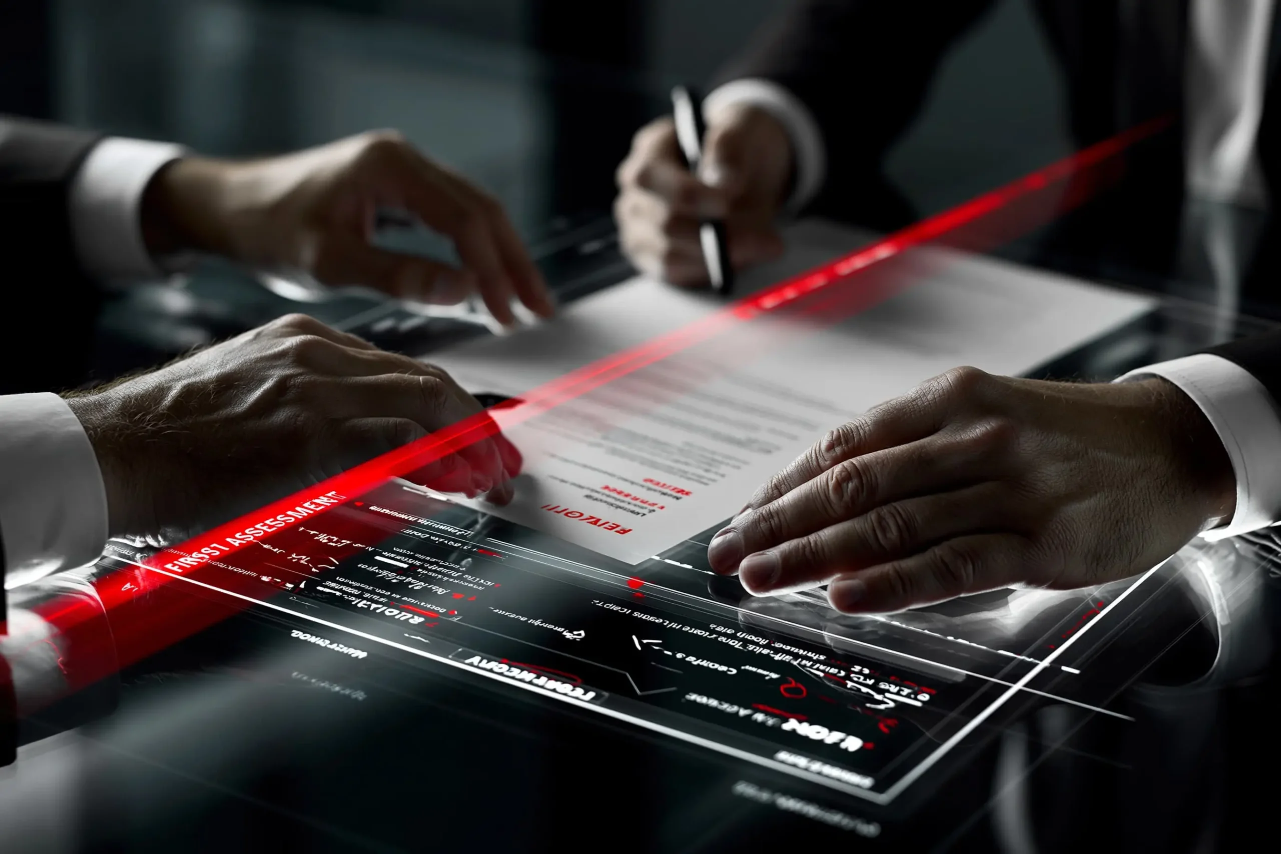 Tavolo di consulenza in bianco e nero con dettaglio rosso, simbolo del primo contatto per richiedere un assessment Innovando.