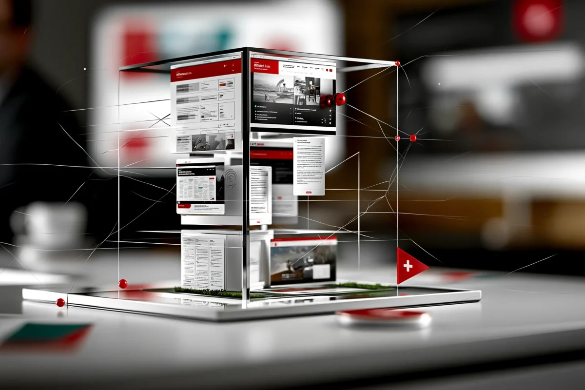 Abstract black-and-white model of a corporate digital ecosystem with Innovando red details.