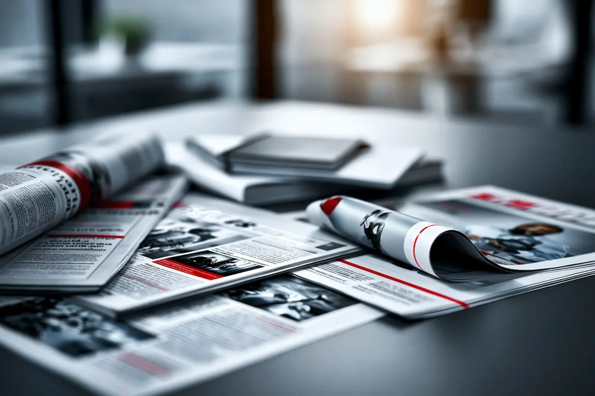 Scrivania redazionale in bianco e nero con giornali, bozze editoriali, appunti e dettaglio rosso dedicata alla diversità dei contenuti.